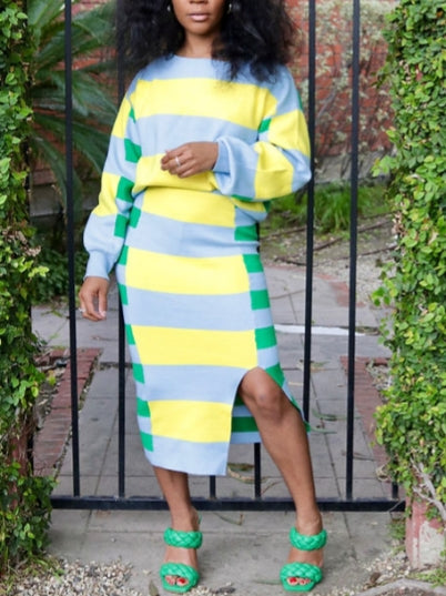 Crewneck Striped Knit Top Skirt Two-piece Set