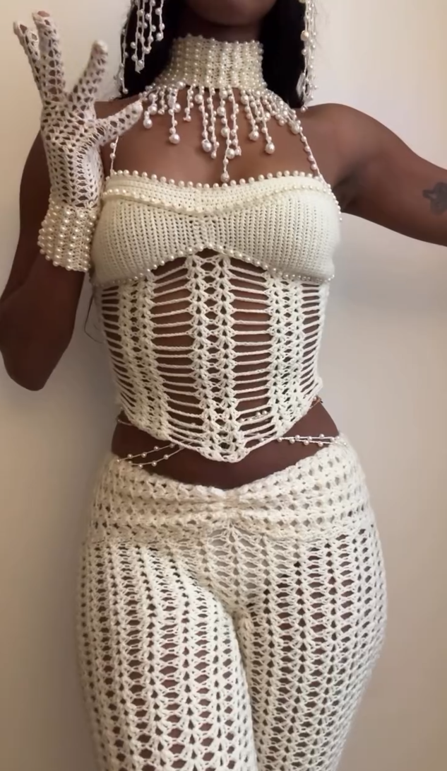 Knitted Beaded Strapless Pants Two-Piece Set