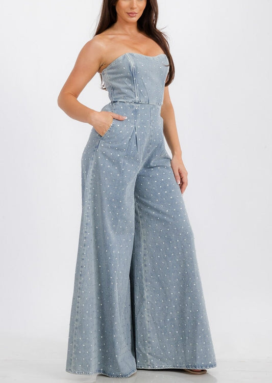 Rhinestone Strapless Denim Jumpsuit