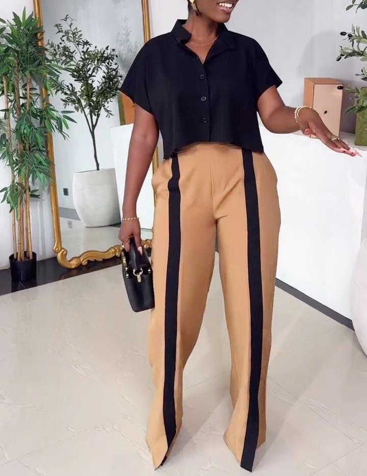 Black Clothes Khaki Pants Two-Piece Set