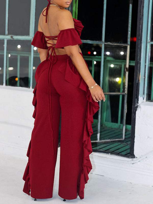 Ruffled Top And Cutout Pants Suit