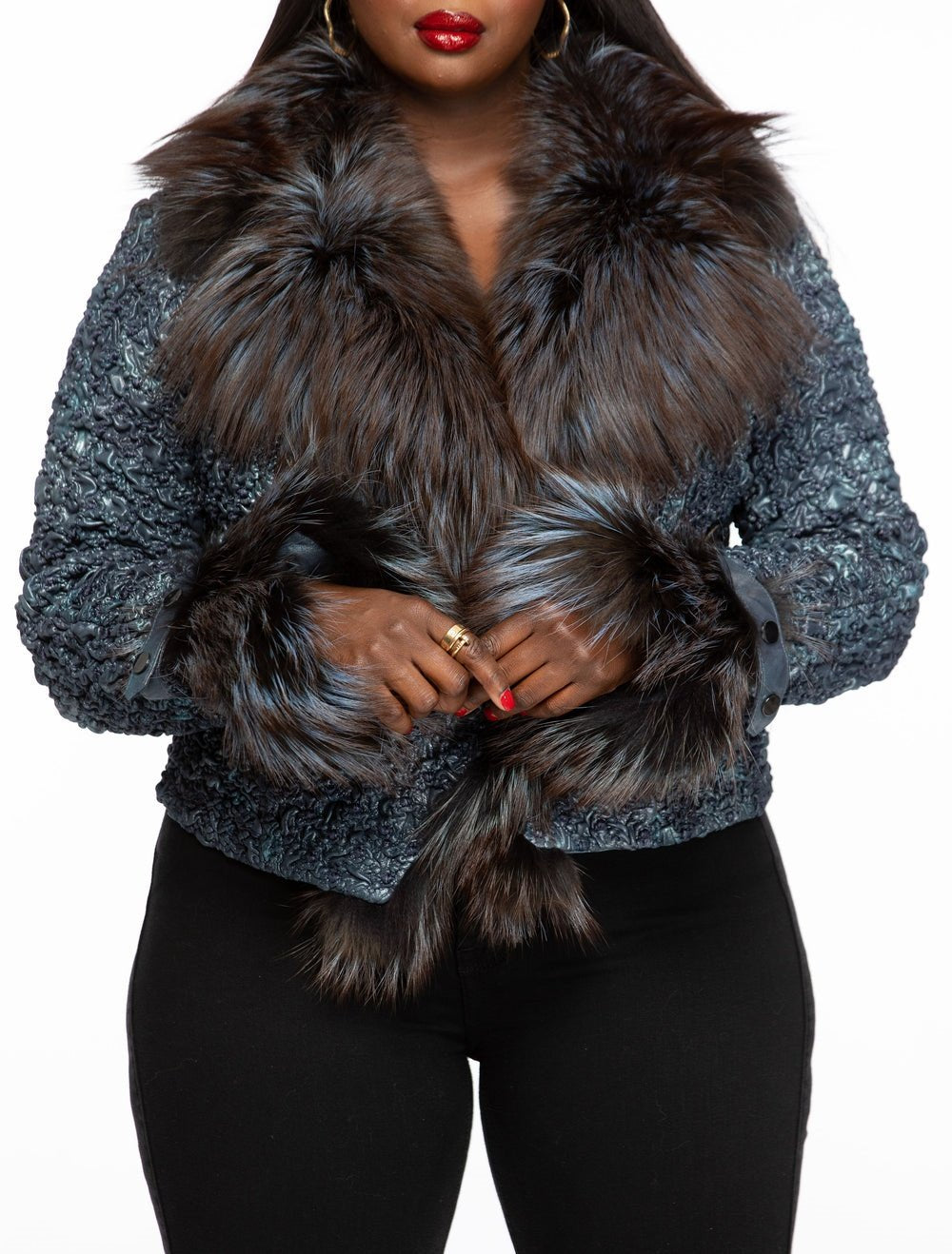 Denim Knitted Furry Coat