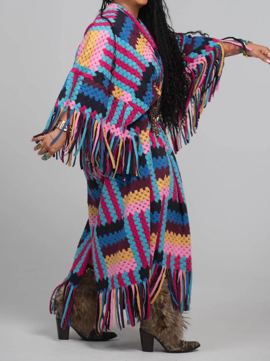 Multicolor Plaid Sweater Fringed Cardigan