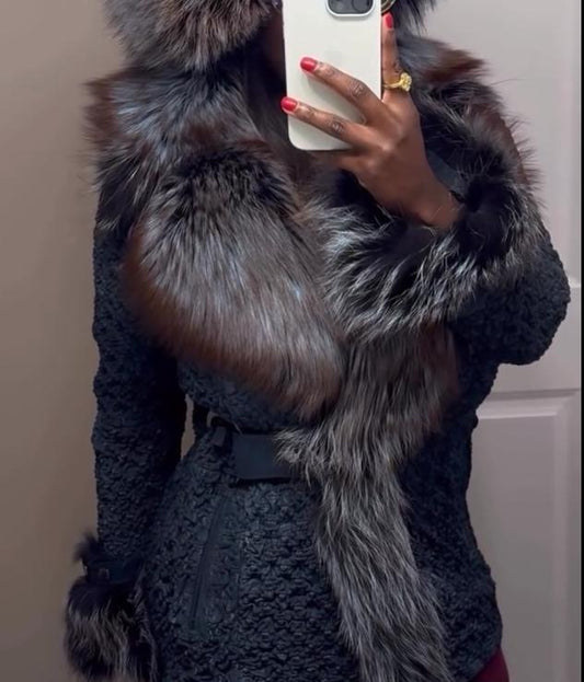 Denim Knitted Furry Coat